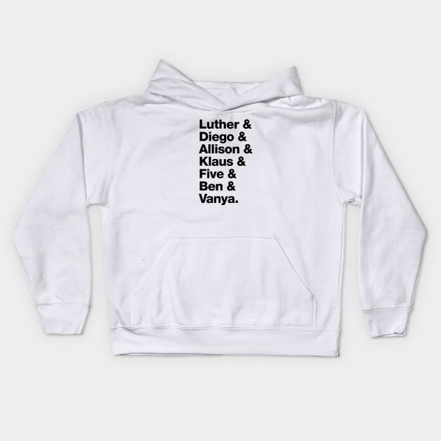 The Umbrella Academy Character Names - Black Kids Hoodie by viking_elf